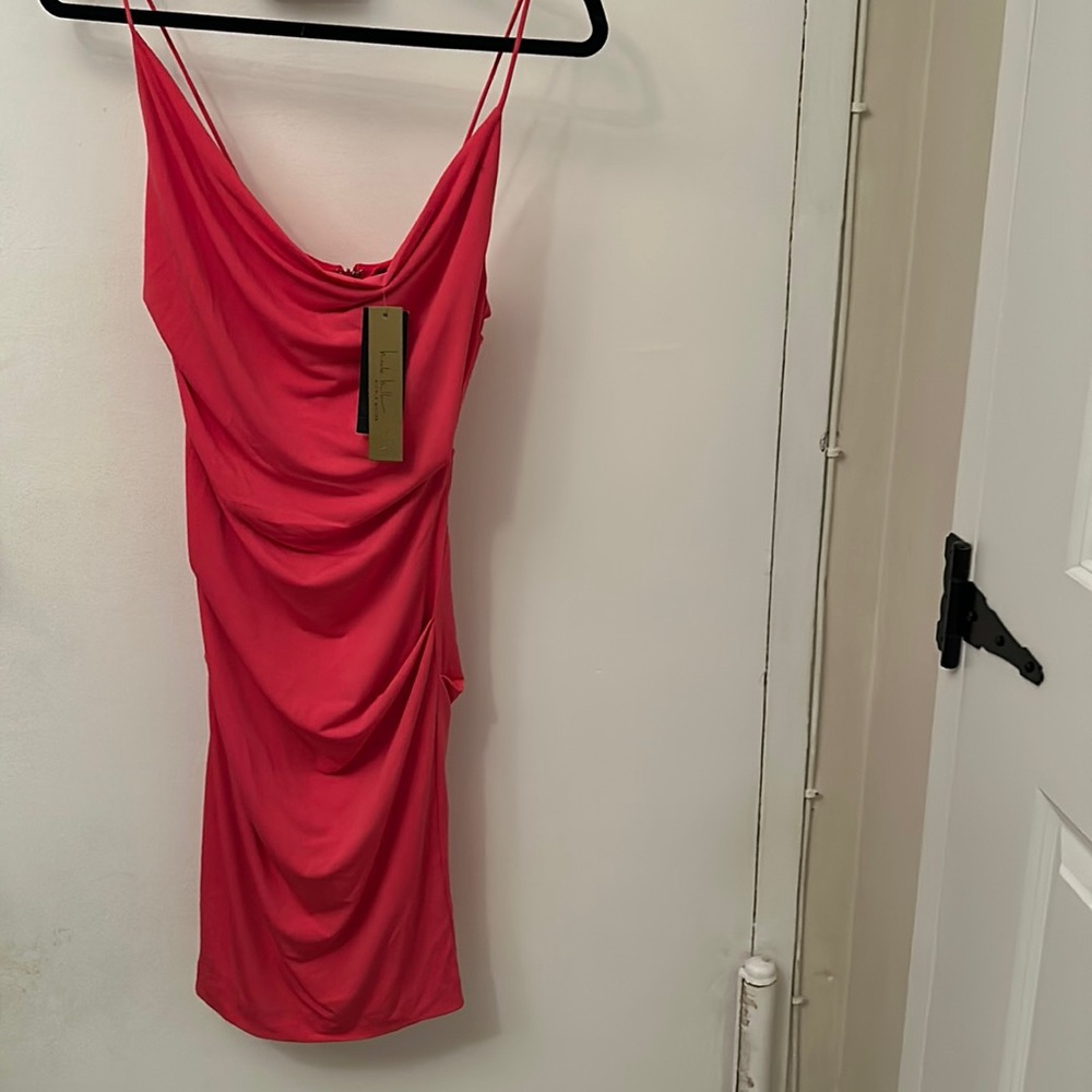 NWT: Nicole Miller sleeveless Carly Cowl Neck Dress, color watermelon